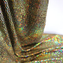 Load image into Gallery viewer, 52" Cuttable Width, 200GSM, 2-Way Stretch Metallic Nylon/Polyester/Spandex with Gold Hologram Sequins Knit Fabric by the Yard