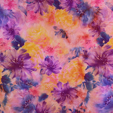 Load image into Gallery viewer, 58/60" 180GSM PURPLE-ORANGE Flower Tie-Dyed Paper Printed Polyester Single Spandex Knit Jacquard Fabric by the Yard