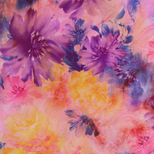 Load image into Gallery viewer, 58/60" 180GSM PURPLE-ORANGE Flower Tie-Dyed Paper Printed Polyester Single Spandex Knit Jacquard Fabric by the Yard