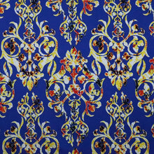 Load image into Gallery viewer, 58/60" 200GSM Gold Damask Patterns on Blue Background ITY Knit Fabric with Puff by the Yard