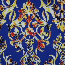 Load image into Gallery viewer, 58/60" 200GSM Gold Damask Patterns on Blue Background ITY Knit Fabric with Puff by the Yard