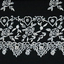 Load image into Gallery viewer, 54/56&quot; White Royal Rose with Hearts Black Background Cotton/Polyester/Spandex Knit Fabric by the Yard

