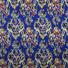 Load image into Gallery viewer, 58/60&quot; 200GSM Gold Damask Patterns on Blue Background ITY Knit Fabric with Puff by the Yard
