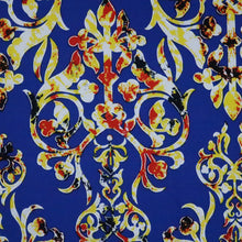 Load image into Gallery viewer, 58/60&quot; 200GSM Gold Damask Patterns on Blue Background ITY Knit Fabric with Puff by the Yard
